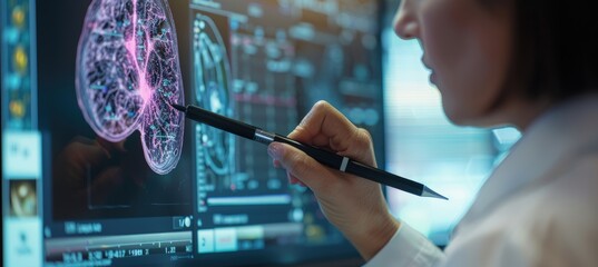 Close-Up of Female Doctor Analyzing Digital Mammogram on Touchscreen with Stylus