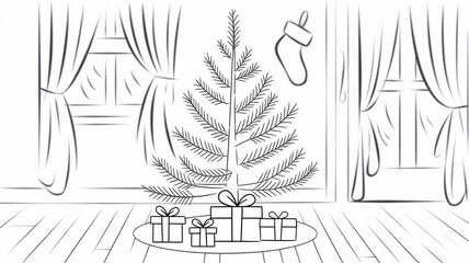 Obraz premium Coloring pages for children, Christmas tree and gifts. Black contour contour drawing of kindergarten