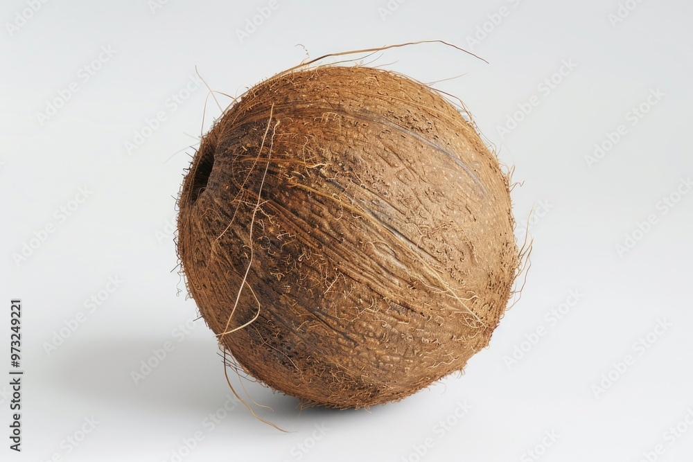 Poster a single coconut sits on a clean white surface, isolated and ready for use