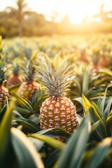Obraz premium Close-up of Pineapple at Sunset. A close-up of a pineapple in a field at sunset, suitable for designs related to agriculture, healthy eating, or tropical themes.