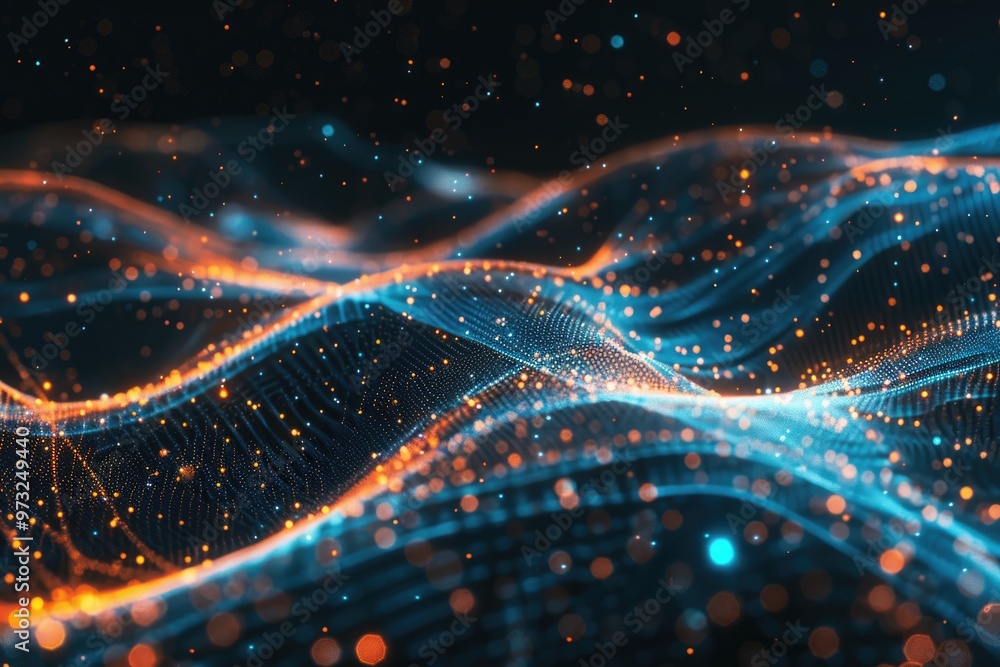Poster a digital representation of a blue and orange wave with abstract shapes and colors