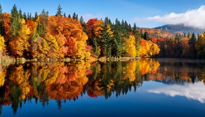 Colorful Autumn Foliage Reflecting in Still Lake, Creating a Picture-Perfect Scene