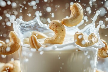 A bowl of cereal falls into a glass of milk