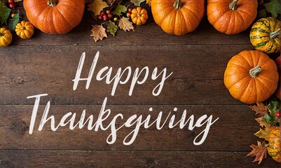 A wooden background with a text "Happy Thanksgiving" greeting text, Happy Thanksgiving Template.