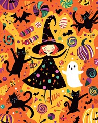 Whimsical Halloween card, cartoon-style witches, black cats, and friendly ghosts, bright and cheerful colors.