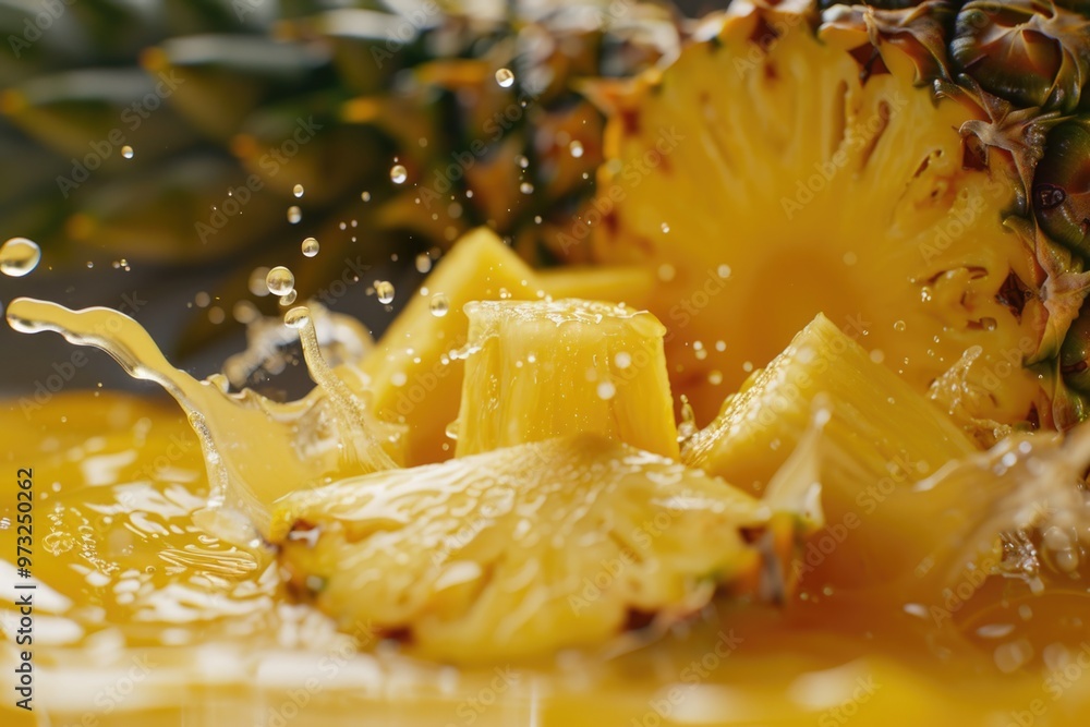 Poster a fresh pineapple with a small amount of water splashed on it, perfect for photography or still life
