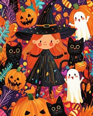 Whimsical Halloween card, cartoon-style witches, black cats, and friendly ghosts, bright and cheerful colors.