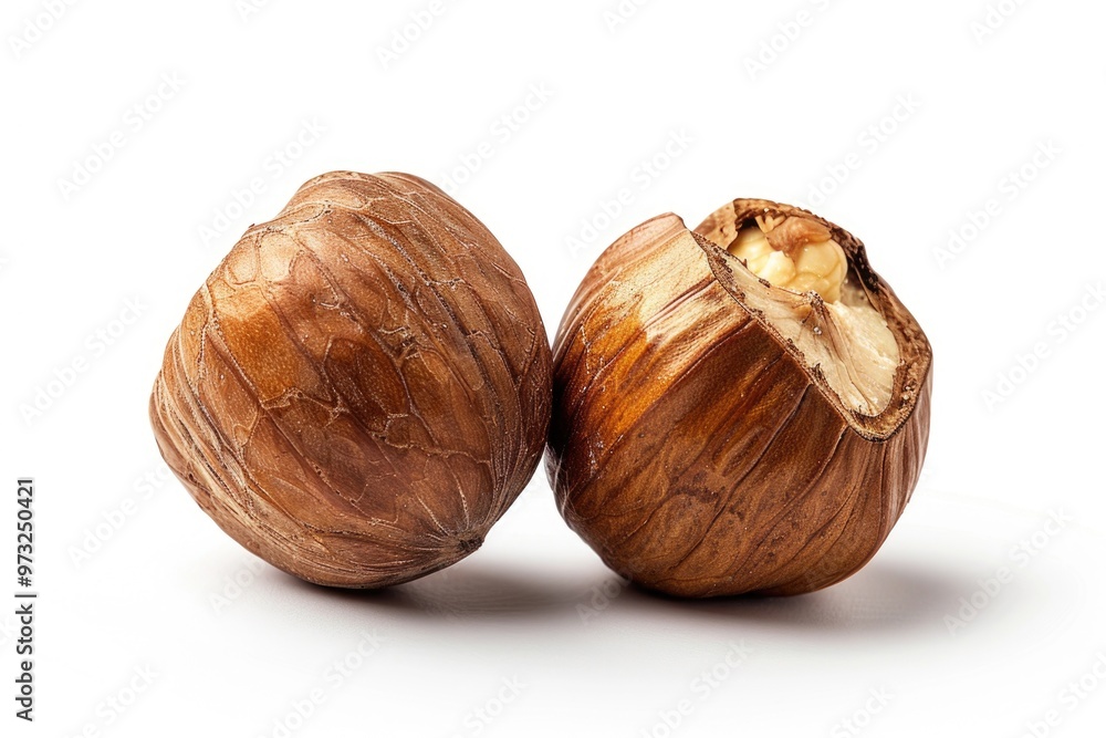 Poster A pair of nuts resting on a white background, ideal for use in still life photography or as a prop in a design project