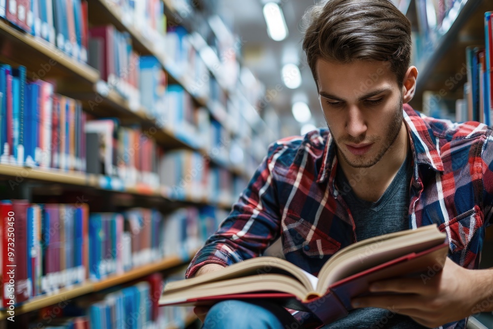 Aufkleber a person sitting at a table in a library reading a book, possibly for research or personal enjoyment