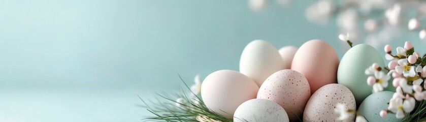 Pastel-colored Easter eggs in a nest with white flowers on a light background, perfect for spring and festive themes.