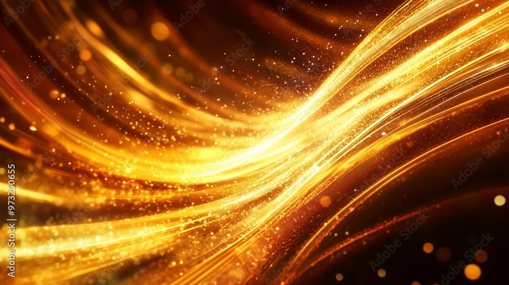 Poster golden waves of light create a mesmerizing effect in an abstract design featuring sparkling particle