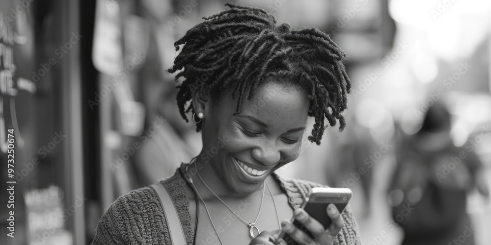 Poster a person smiling and gazing at their mobile device