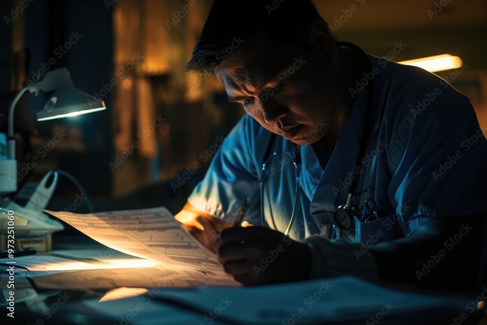Poster a person studying or reviewing a document at a desk