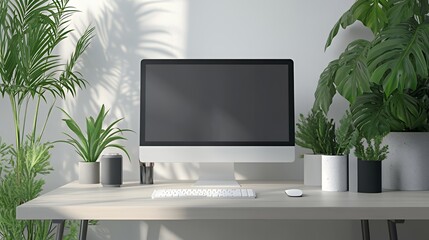 A Minimalist Office Desk Setup with a Computer, Keyboard, and Mouse, with Green Plants and Natural Light.