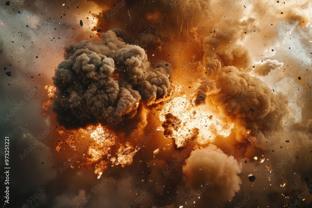 Poster a massive explosion of black smoke and flames, suitable for use in scenes depicting chaos and destru