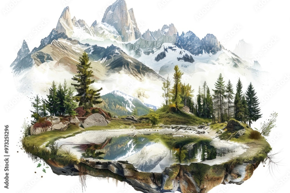 Poster coastal scenery with a small island and a mountain in the background, suitable for travel or landsca