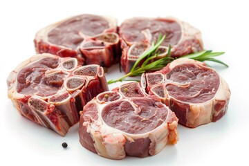 Obraz premium Freshly cut and arranged raw meat on a clean white surface, ideal for food photography or medical illustration