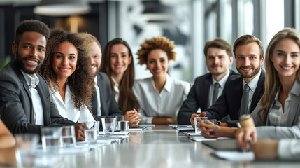 Diverse team of businesspeople smiling while sitting at a table during a meeting