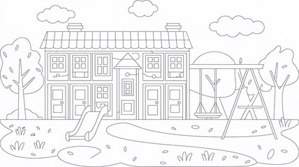 Fototapeta premium Coloring pages for children, children's coloring pages without colors. Black contour contour drawing of kindergarten