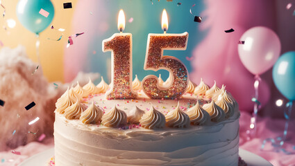 Delicious festive cake with candle number 15