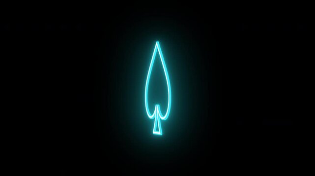 Neon spade ace animation, rotation around vertical axis. Glowing neon 3D poker spade icon, looped spin. Casino playroom, poker club, spades suit, gambling card game, Vegas. Azure, blue, violet colors