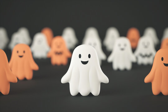 White and orange ghost figures, Cute adorable Halloween 3d rendering