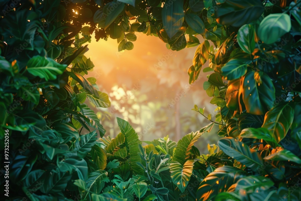 Poster a warm and inviting scene with sunlight streaming through the leaves of a tree, great for use in nat