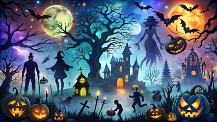 halloween, background, icon, vector, design, isolated, art, tree, illustration, cat, cartoon, white, autumn, animal, black, celebration, silhouette, skull, web, sign, holiday, night, set, pumpkin, cro