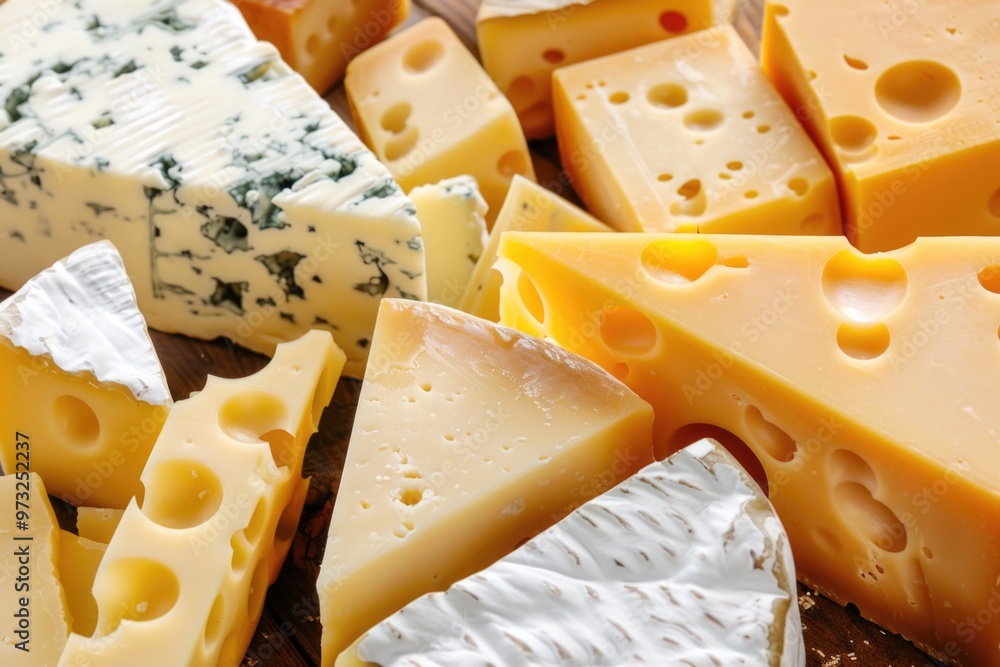 Poster a selection of different cheese types displayed on a table for serving or display