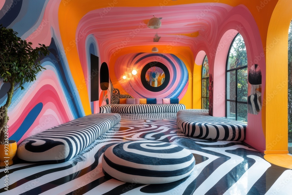Aufkleber psychedelic patterns and swirling colors enhance the interior design concept, creating a mind-bendin