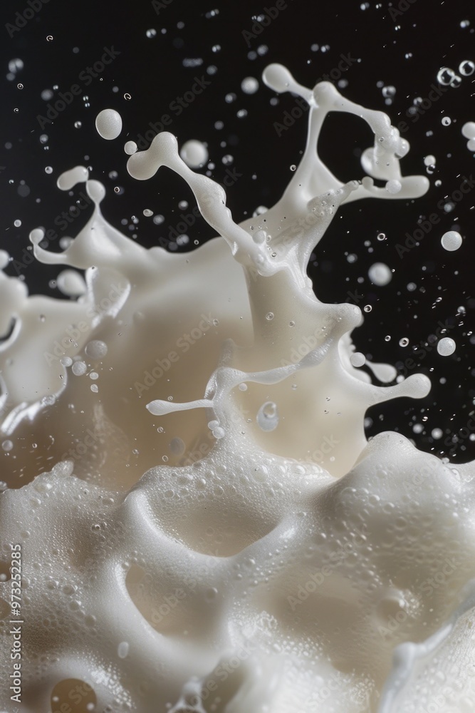 Poster a close-up shot of milk splashing into a glass, perfect for use in recipes or as a decorative elemen