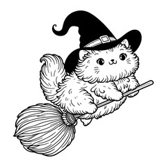 fluffy cat witch flying on a broomstick Halloween sketch