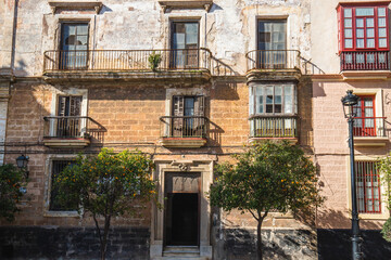 Naklejka premium Worn facade with broken windows behind orange trees in Cadiz, Spain