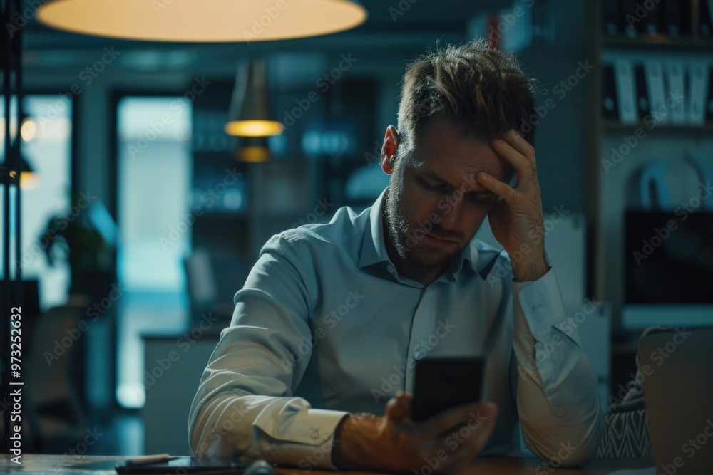 Poster a person sitting at a table looking at their cell phone, possibly texting or browsing