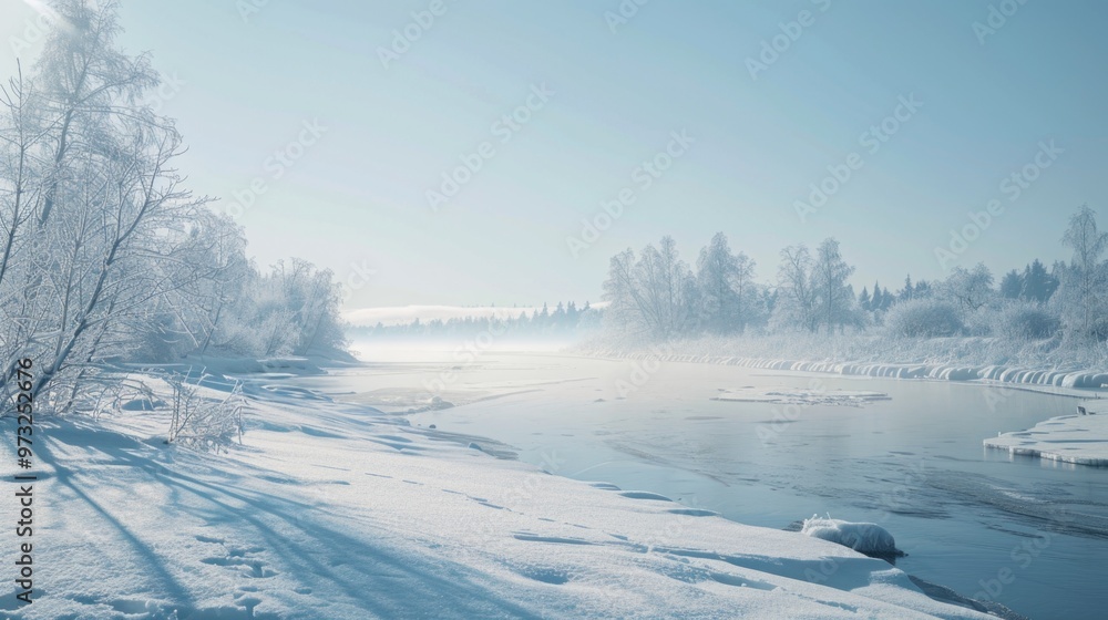 Poster winter scene of a river surrounded by snow-covered trees, ideal for use in illustrations about cold 