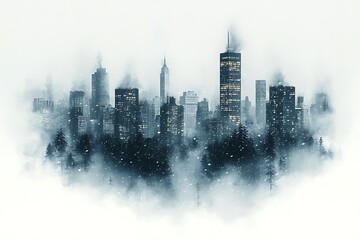 Fototapeta premium A lone city skyline engulfed in heavy snowfall and darkness
