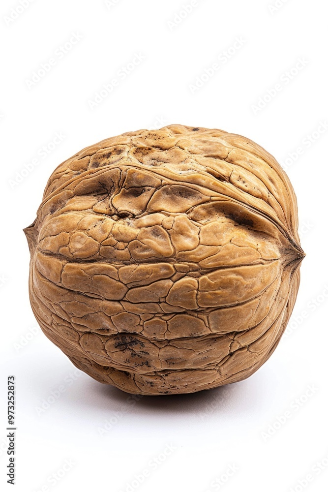 Poster a single walnut shell on a white background, perfect for product or texture photography