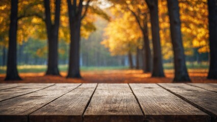 Rustic wood table with fall trees autumn mockup background