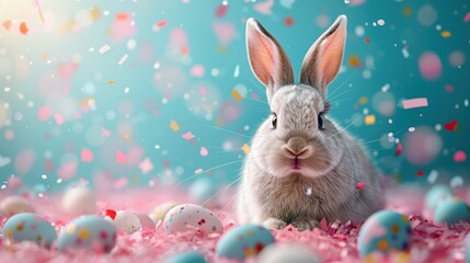 Lovely bunny rabbit with easter eggs on vibrant blue and pink background. Symbol of easters day festival.