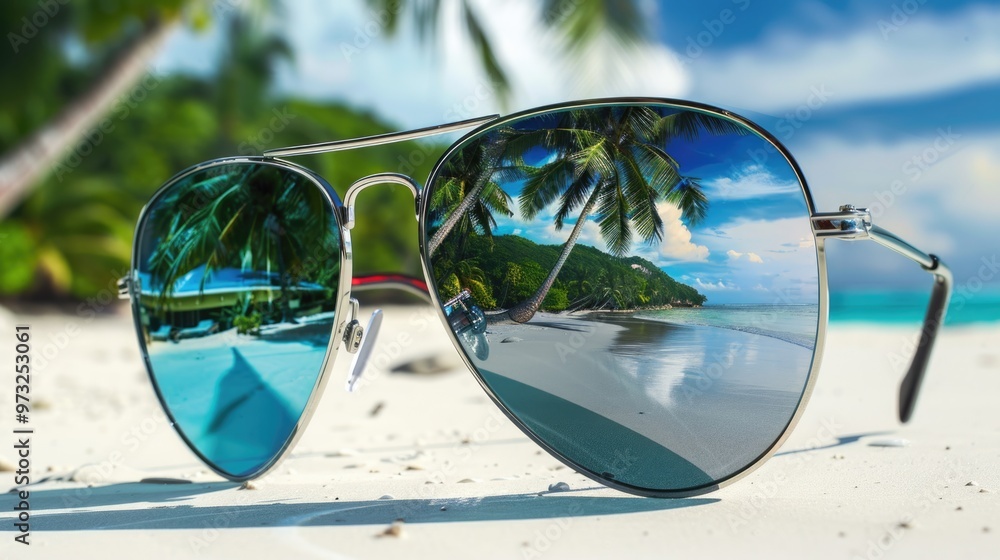 Wall mural A pair of sunglasses resting on a sandy beach, perfect for a day at the coast or a summer vacation