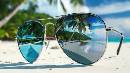 A pair of sunglasses resting on a sandy beach, perfect for a day at the coast or a summer vacation