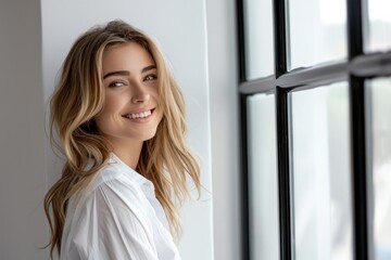 A beautiful young woman stands next to a window, looking outside