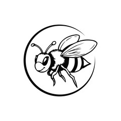 Happy Bee mascot logo. Honey bee editable vector logo. Hand drawn engraving style illustrations.