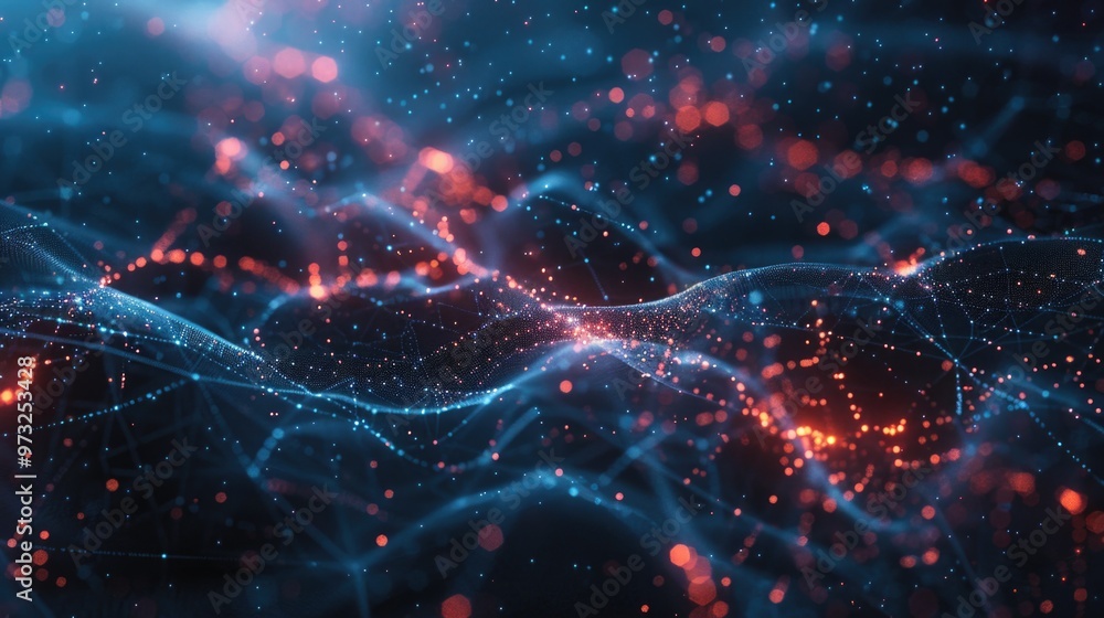 Poster a computer-generated image of a network of blue and red lights, suitable for use in futuristic or te