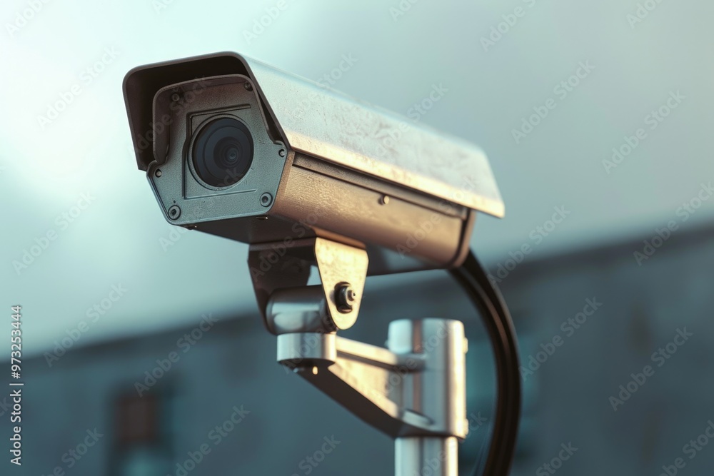 Poster A close-up view of a security camera mounted on a pole, ideal for use in surveillance or monitoring scenes