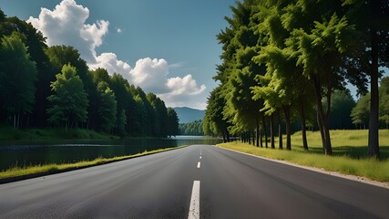 Fototapeta premium Empty asphalt road and green trees with blue sky background over the lake in summer, landscape nature view from side of empty street for product ... Generative AI