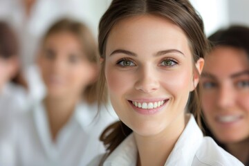 Obraz premium A woman smiles amidst a group of people, conveying happiness and connection