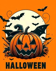 Vector Halloween trick card with bats and scary pumpkins poster