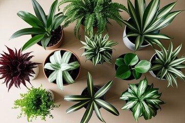 Artistic Collection of Indoor Houseplants in High Angle View with Contemporary Design Elements