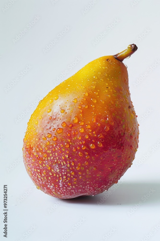 Poster Fresh pear with water droplets on a white surface, great for food or still life photography